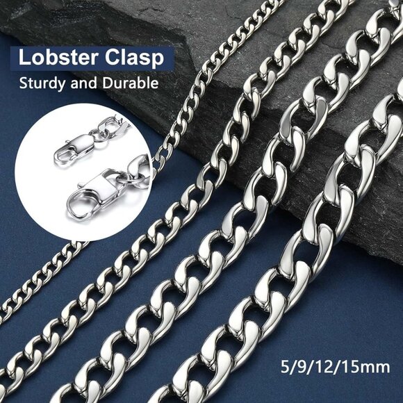 Cuban Link Necklace for Men, Silver/Black/Gold Plated Stainless Steel Mens Chain - Picture 4 of 6